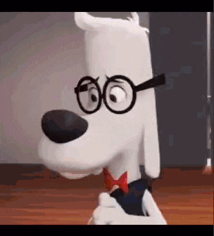 a white cartoon dog wearing glasses and a bow tie .
