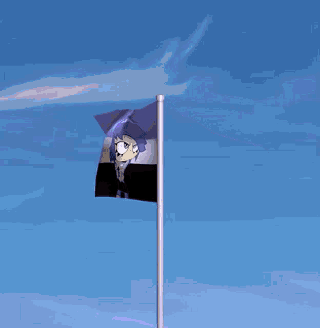 a flag with a picture of a girl with purple hair and the letter b on it