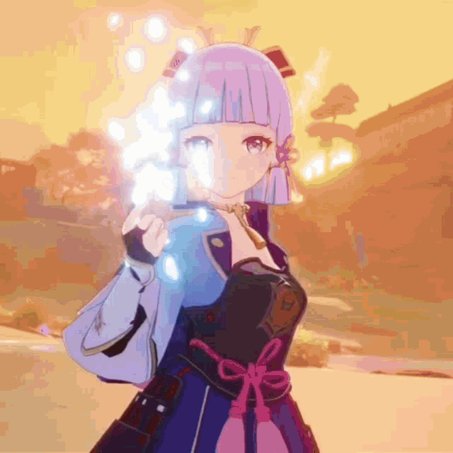 a girl with purple hair and blue eyes is holding a sword in her hand .