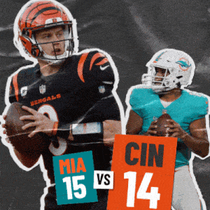 a bengals player is holding a football while a miami dolphins player holds a sign that says mia 15 vs 14