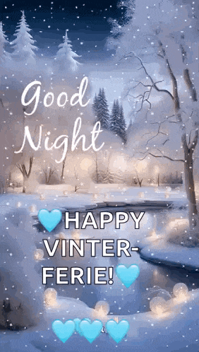 a picture of a snowy forest with the words `` good night , happy vinter-ferie ! ''