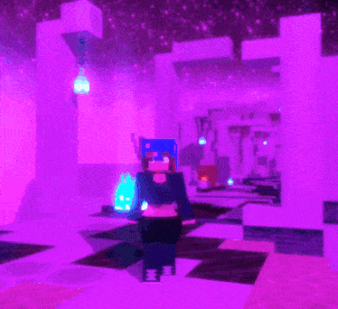 a minecraft character with a blue headband and a purple background