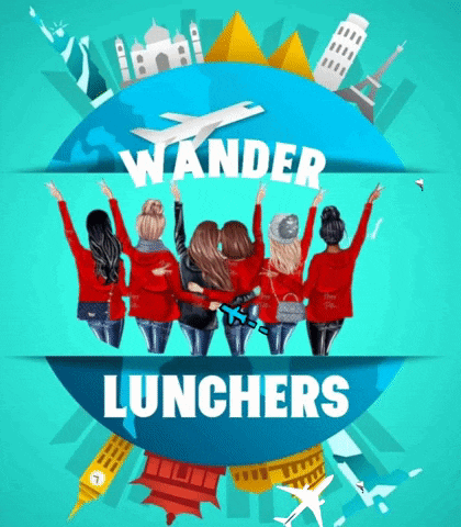 a poster for wander lunchers shows a group of women standing in front of a globe
