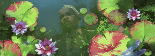 a painting of a woman surrounded by flowers and leaves