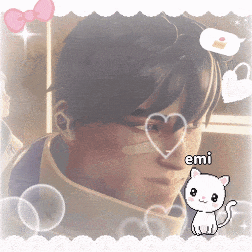 a man with a bandage on his face is surrounded by hearts and emi