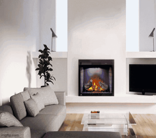 a living room with a fireplace and a couch with imgflip.com at the bottom