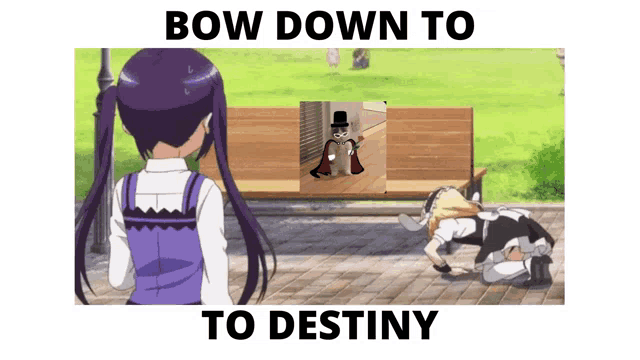 a picture of a girl looking at a picture of a man on a bench with the words bow down to destiny below it