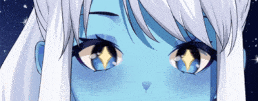 a close up of a person 's face with blue eyes and white hair