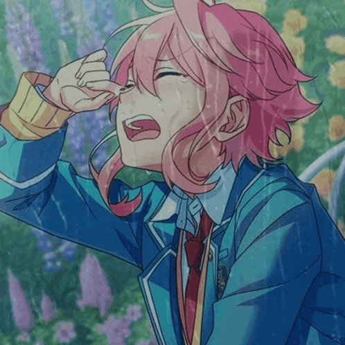 a girl with pink hair is crying in the rain while wearing a blue jacket and tie .