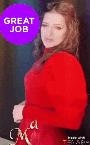 a woman in a red dress with a great job sticker