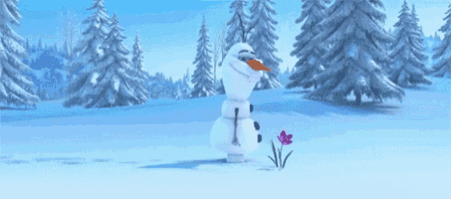 a snowman from the movie frozen is holding a flower in his hand .