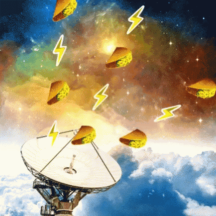 a satellite dish in the sky with tacos and lightning bolts