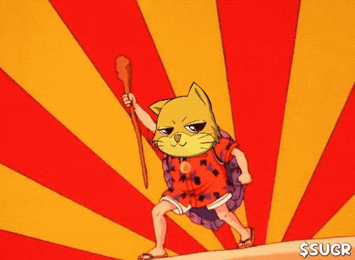 a cartoon of a cat holding a stick with $sugr written on the bottom right