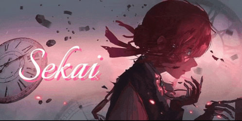 a picture of a girl with a clock and the word sekai on the bottom