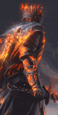 a knight with a crown on his head is holding a sword and is surrounded by flames .