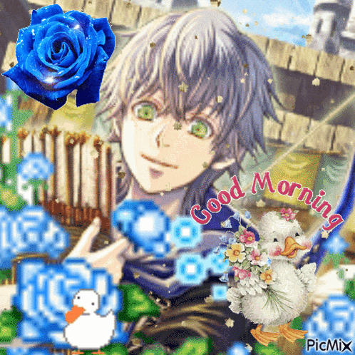 a picture of a boy with flowers and the words good morning on it