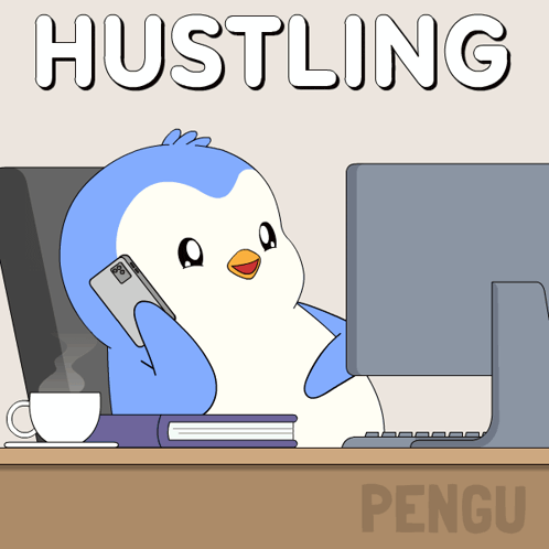 a penguin is talking on a cell phone in front of a computer with the words hustling written on the bottom