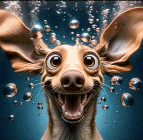a cartoon dog is swimming in the water with bubbles around its ears
