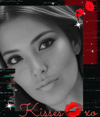 a black and white photo of a woman with the words kisses written in red