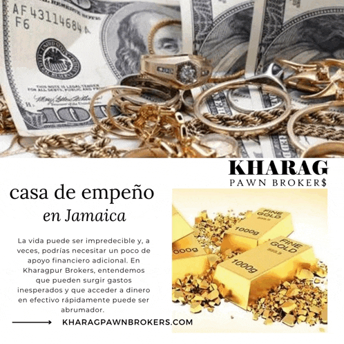 an advertisement for pawnbrokers in jamaica shows a pile of gold bars