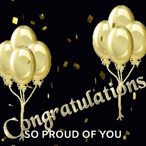 a congratulations card with gold balloons on a black background