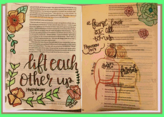 a book is open to a page that says lift each other up on it
