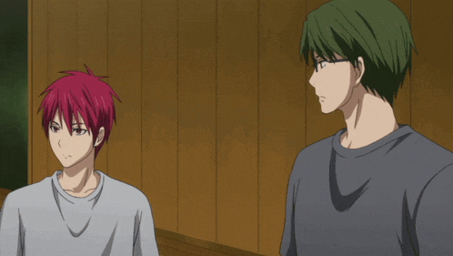 two anime characters one with red hair and the other with green hair