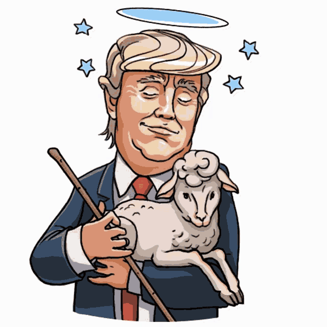 a cartoon of president trump holding a sheep