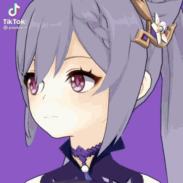 a tiktok video of a girl with purple hair and pink eyes