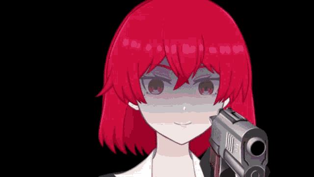 a girl with red hair is holding a gun in front of her face and the word how is above her