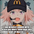 a girl with pink hair is wearing a mcdonald 's hat and holding a burger .