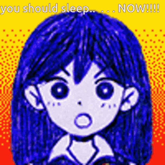 a pixel art of a girl with blue hair says you should sleep now