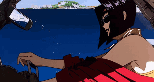 a cartoon of a woman in a red skirt looking out a car window