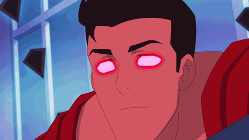 a close up of a cartoon character 's face with pink eyes