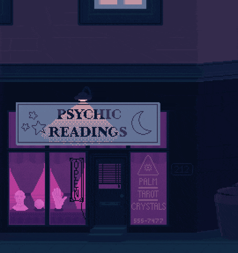 a pixel art illustration of a store front for psychic readings