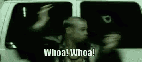 a man is standing in a van with his hands in the air and says `` whoa whoa '' .