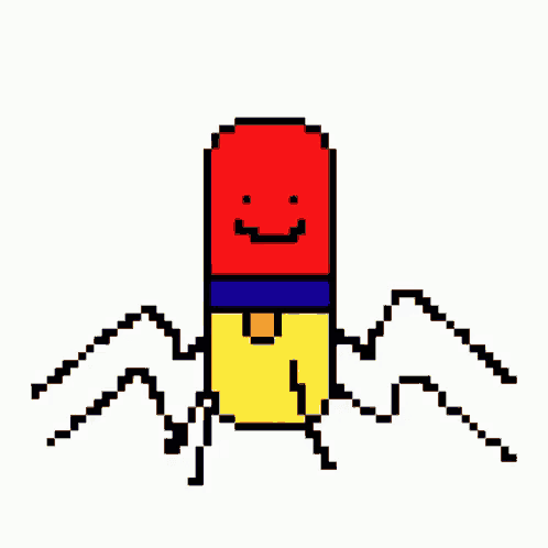 a pixel art drawing of a red and yellow pill with a smiley face and the word oof below it .