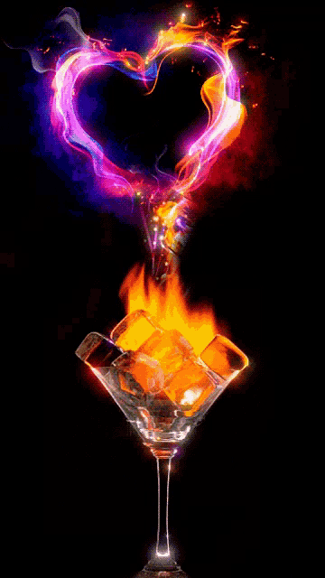 a martini glass with ice cubes and a heart shaped fire