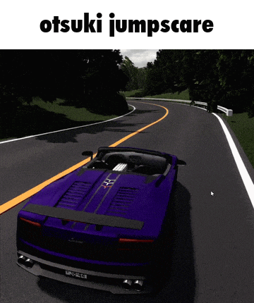 a purple car is driving down a curvy road with the words otsuki jumpscare above it