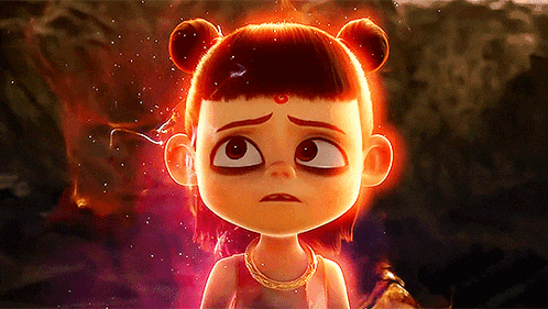 a close up of a cartoon character with a red background