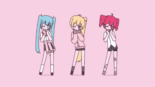 three anime girls are standing next to each other with their hands behind their heads on a pink background