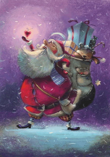a cartoon illustration of santa claus carrying a bag full of presents