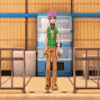 a boy with purple hair is standing in front of a vending machine .