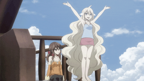 a girl with long hair is standing next to a girl with short hair