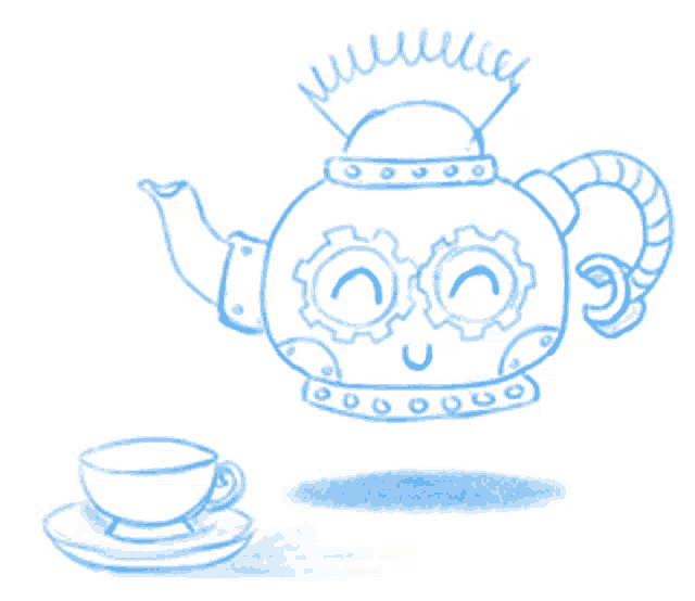 a drawing of a robotic teapot pouring tea into a cup on a saucer