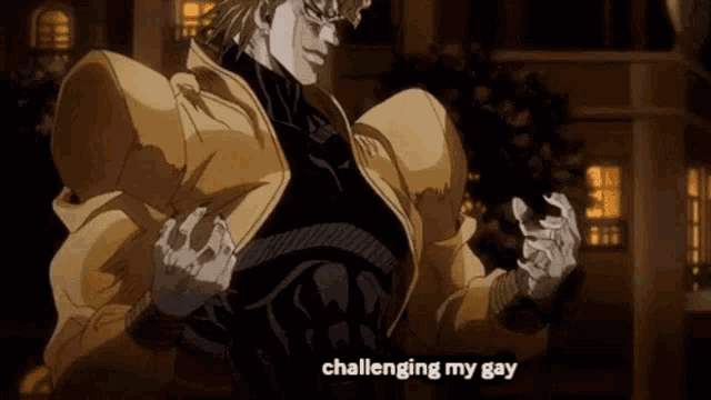 dio from jojo 's bizarre adventure is standing in front of a building and making a funny face .