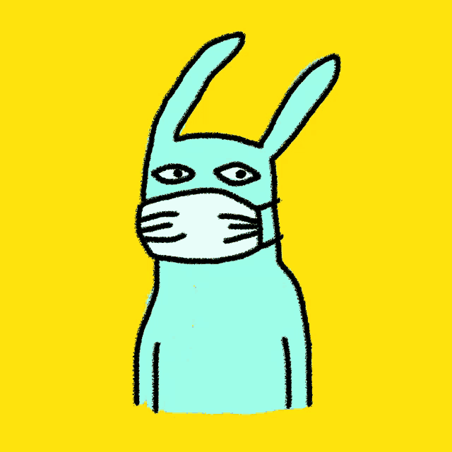 a drawing of a rabbit wearing a face mask on a yellow background