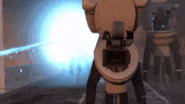 a toilet with a camera attached to it is shooting a blue light