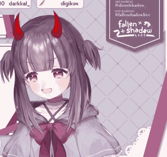 a girl with red horns is on a fallen shadow banner