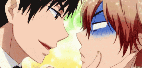 a man and a woman are touching each other 's faces in a cartoon .